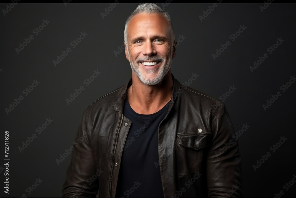 Portrait of a smiling mature man in leather jacket against dark background