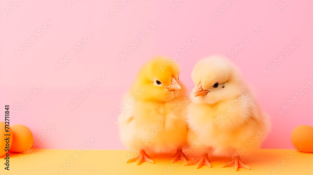 cute little yellow chickens on a pink wall background. Easter background with copy space. cute little yellow chickens on a pink wall background. Easter background with copy space.