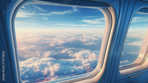 realistic photo , View looking through an airplane window ,airplane wing and clouds seen through plane windows , Generate AI