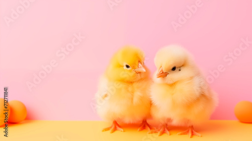 cute little yellow chickens on a pink wall background. Easter background with copy space. © Vero