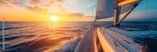 Sailing yacht boat on ocean water at sunrise and outdoor