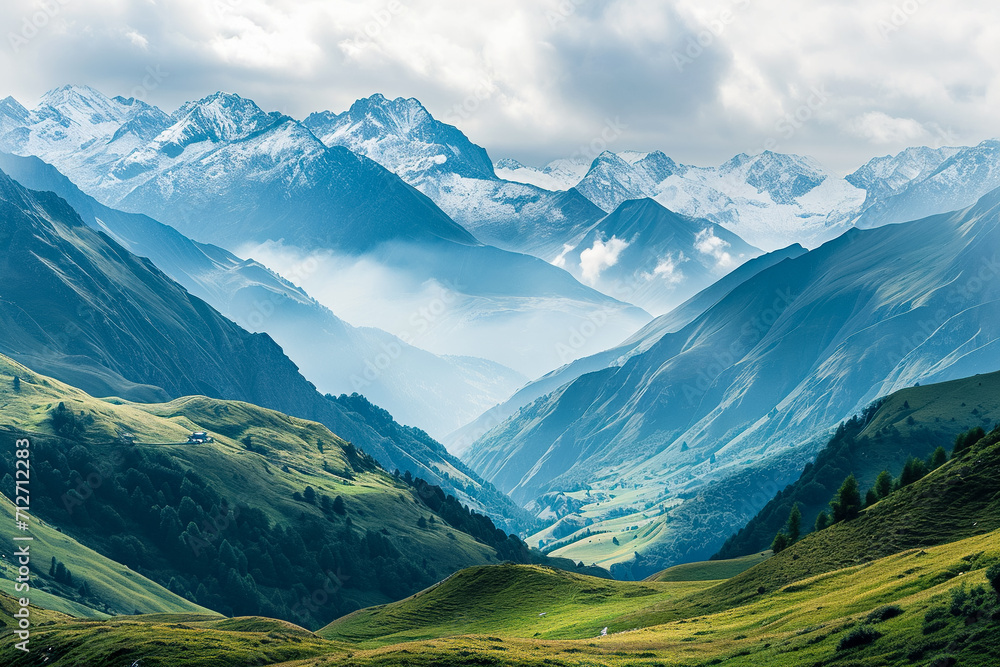 mountain range with snow-capped peaks and green valleys mountain range with snow-capped peaks and green valleys