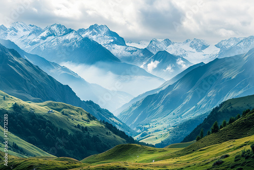 mountain range with snow-capped peaks and green valleys