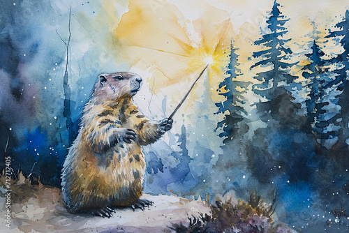 magical watercolor painting of a groundhog holding a wand