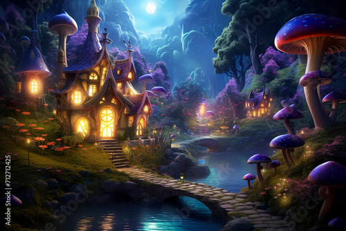 magical forest with glowing mushrooms and hidden fairy houses
