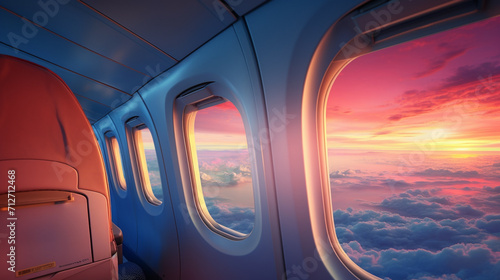 realistic photo , View looking through an airplane window ,airplane wing and clouds seen through plane windows , Generate AI photo