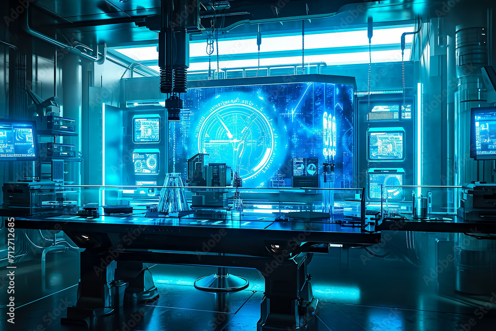futuristic laboratory with holographic displays and advanced robotics ...