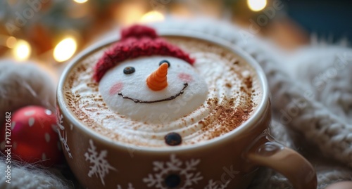 a cup of coffee with decorations to look like the snowman