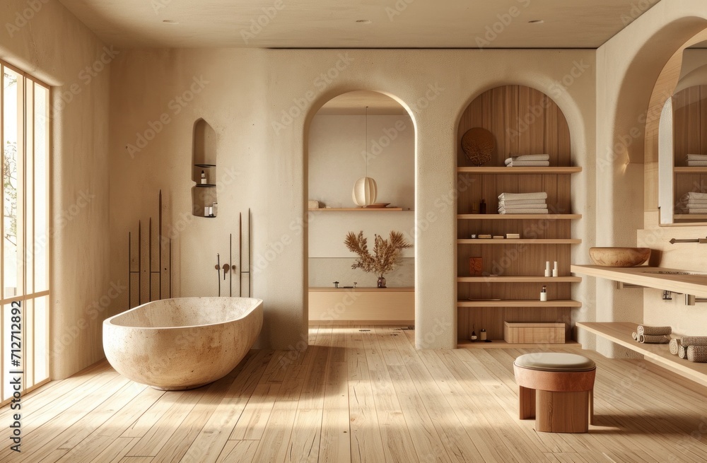 an elegant bathroom filled with wooden shelves and wooden floors