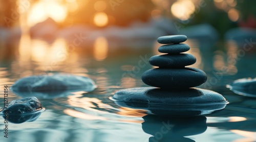 pebbles in a pond in evening, meditation meditation on natural background