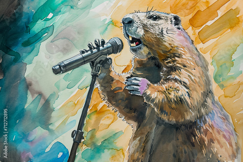 fantastic watercolor illustration of a groundhog holding a microphone