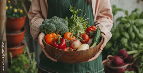 a woman has a wooden bowl filled up with fresh vegetables © olegganko