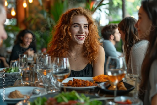 Smiling red-haired woman at a restaurant meal