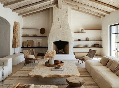 a living room with a natural stone fireplace in a white living room