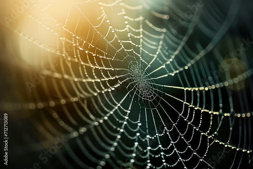 close-up of a spider web with dew and light
