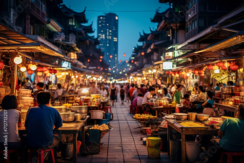 bustling night market with colorful stalls and delicious street food photo