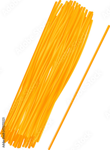 Yellow uncooked spaghetti bunch with single noodle beside. Italian pasta ingredients for cooking. Kitchen and culinary vector illustration.