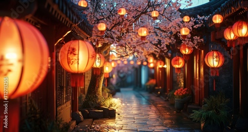 an alley with lit lanterns under a cherry blossom tree