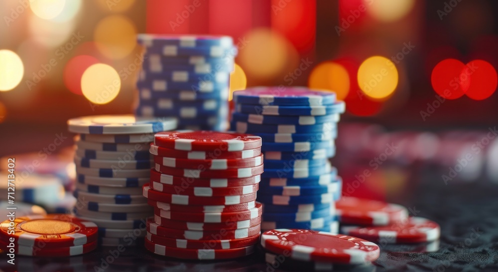 a stack of poker chips in front of some lights in a casino room a stack of poker chips in front of some lights in a casino room
