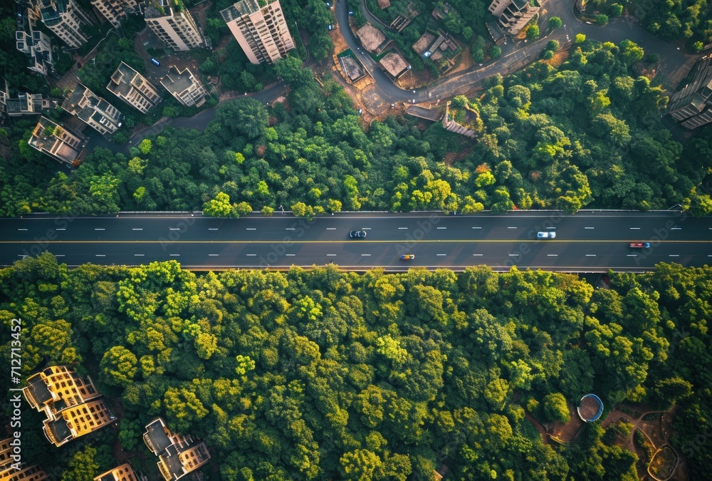 aerial view of a road through an evergreen forest aerial view of a road through an evergreen forest