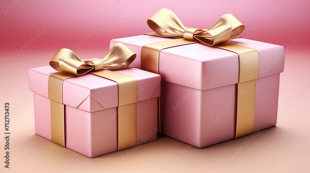 Fototapeta premium pink boxes with gold ribbons on a pink background, gift boxes, concept of gifts for christmas, birthday, valentines day