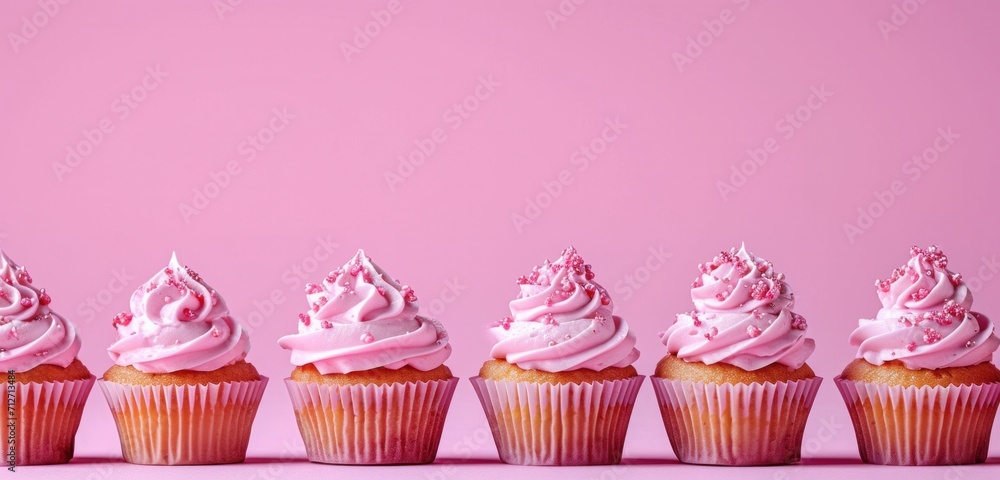 a row of pink cupcakes on a pink background a row of pink cupcakes on a pink background