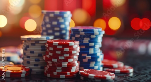 a stack of poker chips in front of some lights in a casino room