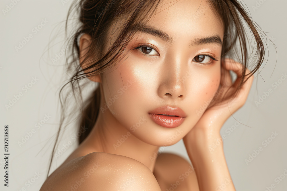 Beauty asian woman portrait. Beautiful spa model girl with perfect fresh clean skin. Youth and skin care concept. Beige background. Nude makeup. Beauty asian woman portrait. Beautiful spa model girl with perfect fresh clean skin. Youth and skin care concept. Beige background. Nude makeup.