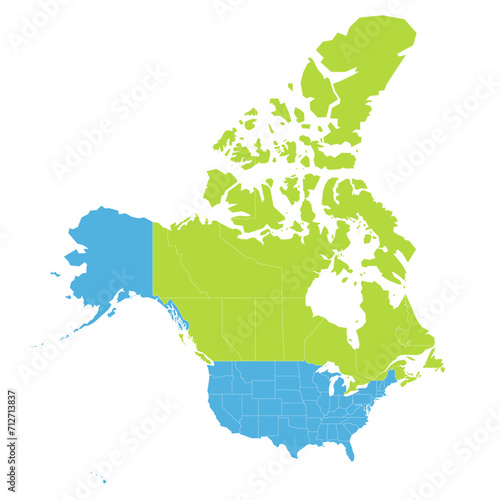 United States and Mexico political map of administrative divisions. Blank vector map