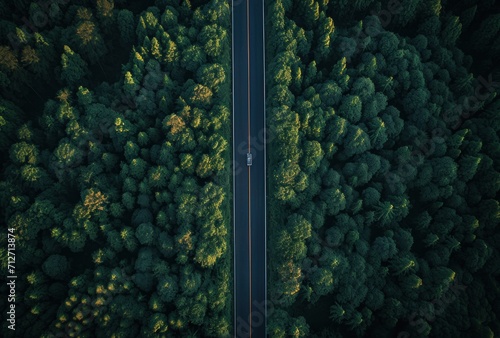 aerial view of a road through an evergreen forest