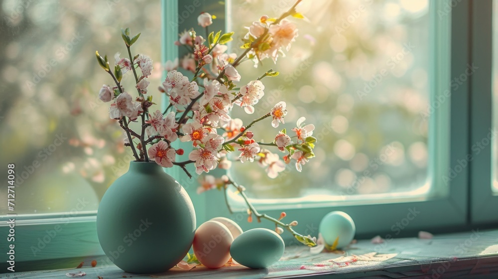 a vase full of flowers with four easter eggs on a table in front of a window a vase full of flowers with four easter eggs on a table in front of a window