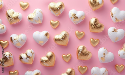 a pink background filled with golden and white coloured hearts