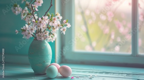 a vase full of flowers with four easter eggs on a table in front of a window