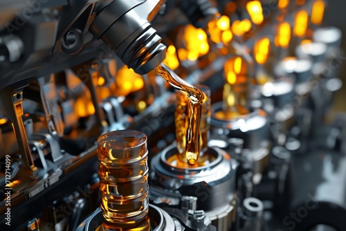 3d illustration of car engine with lubricant oil on repairing. Concept of lubricate motor oil photo