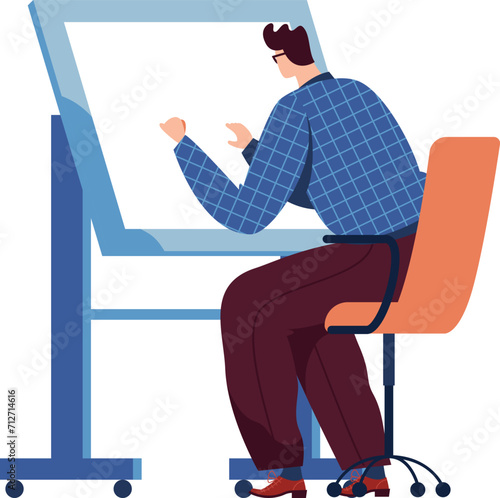 Male designer drawing at drafting table. Creative architect sketching in studio. Artistic workspace and occupation vector illustration.