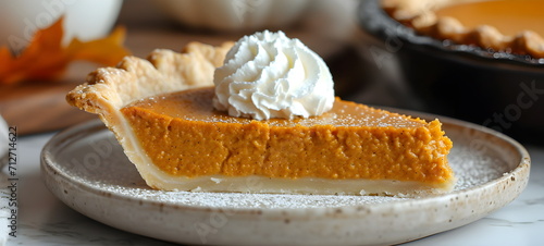 Pumpkin pie with whipped cream on a plate