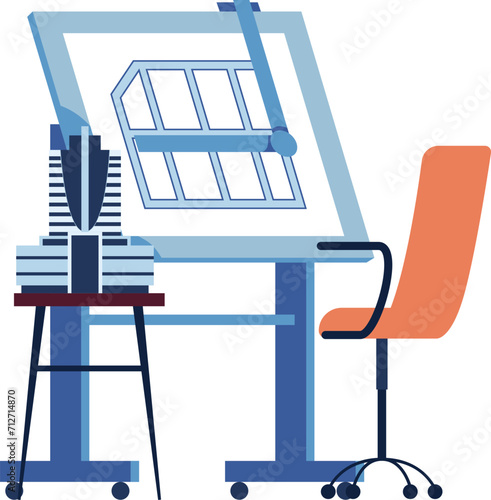 Architect drawing board with house plan and tools. Modern drafting table, vertical format and orange chair in an office setting. Architecture design workplace vector illustration.