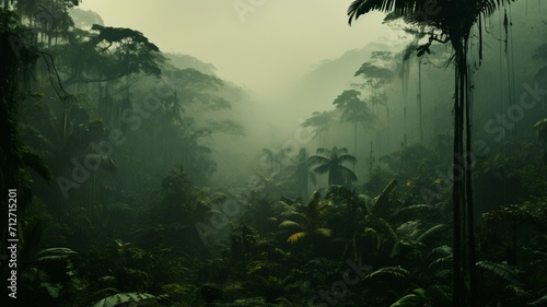 A mysterious fog settling among the jungle trees  adding an air of enchantment to the scene -Generative Ai 
