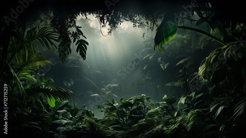 A mysterious fog settling among the jungle trees, adding an air of enchantment to the scene -Generative Ai
 photo