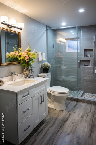 Modern bathroom with white vanity  vessel sink  glass shower and gray tile floor