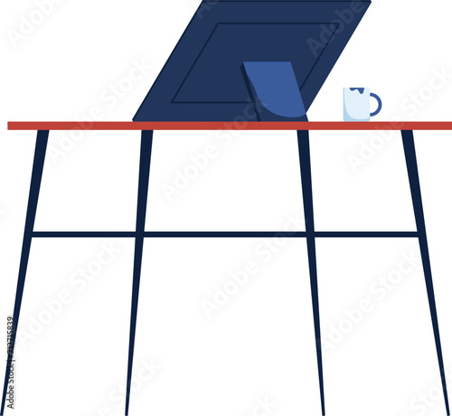 Drawing desk with open laptop and coffee mug. Modern work table with blue screen device and cup. Workspace organization vector illustration.