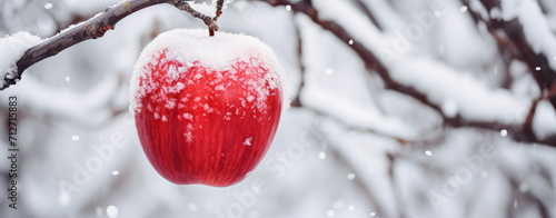 Red apple on an apple-tree covered with snow photo