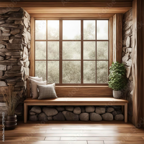 Wooden rustic bench near wild stone cladding wall against window. Interior design of modern home entryway.