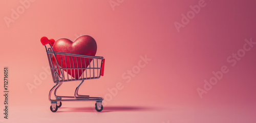 Generative AI, shopping cart with big heart inside, Valentine day concept, discount and sale.