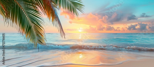 Picturesque tropical beach sunset with palm leaves, calm shoreline. Luxury destination banner for vacation © AkuAku