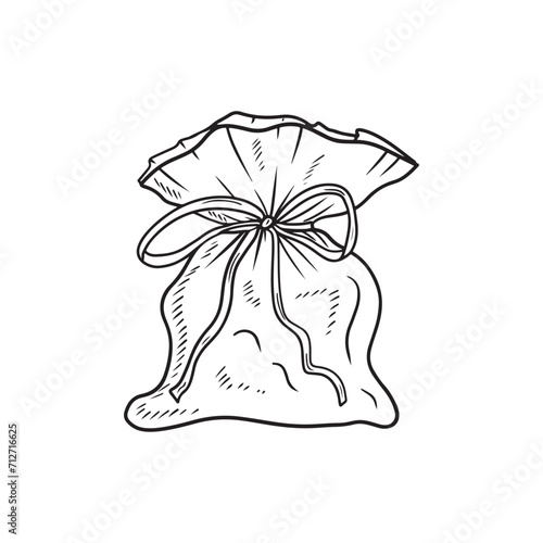 Beautiful realistic bag with gifts, tasty cookies, candies, with ribbon and bow in black isolated on white. Hand drawn vector sketch illustration in doodle vintage engraved outline, line art style.
