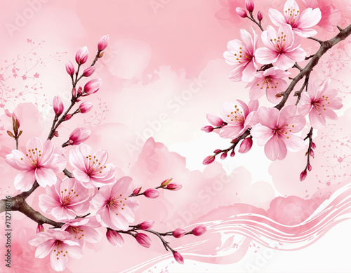 A pink flowered branch against a pink background. Spring background, wallpaper, banner, poster.