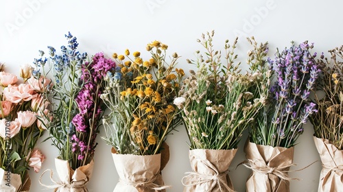 Bunches of flowers  herbs  and dried flowers in kraft packaging with space for inscriptions are displayed against a white background.