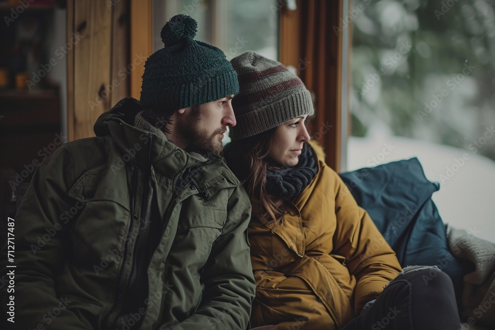man and a woman sit at home in jackets. The house is very cold. couple sits without heating.