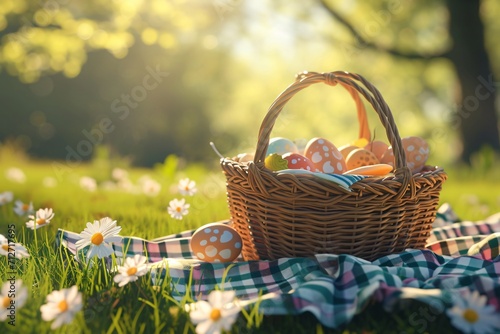 Wicker basket with decorated Easter eggs on a checkered cloth among daisies. Outdoor picnic scene. Springtime holidays concept for design for greeting card, invitation, banner